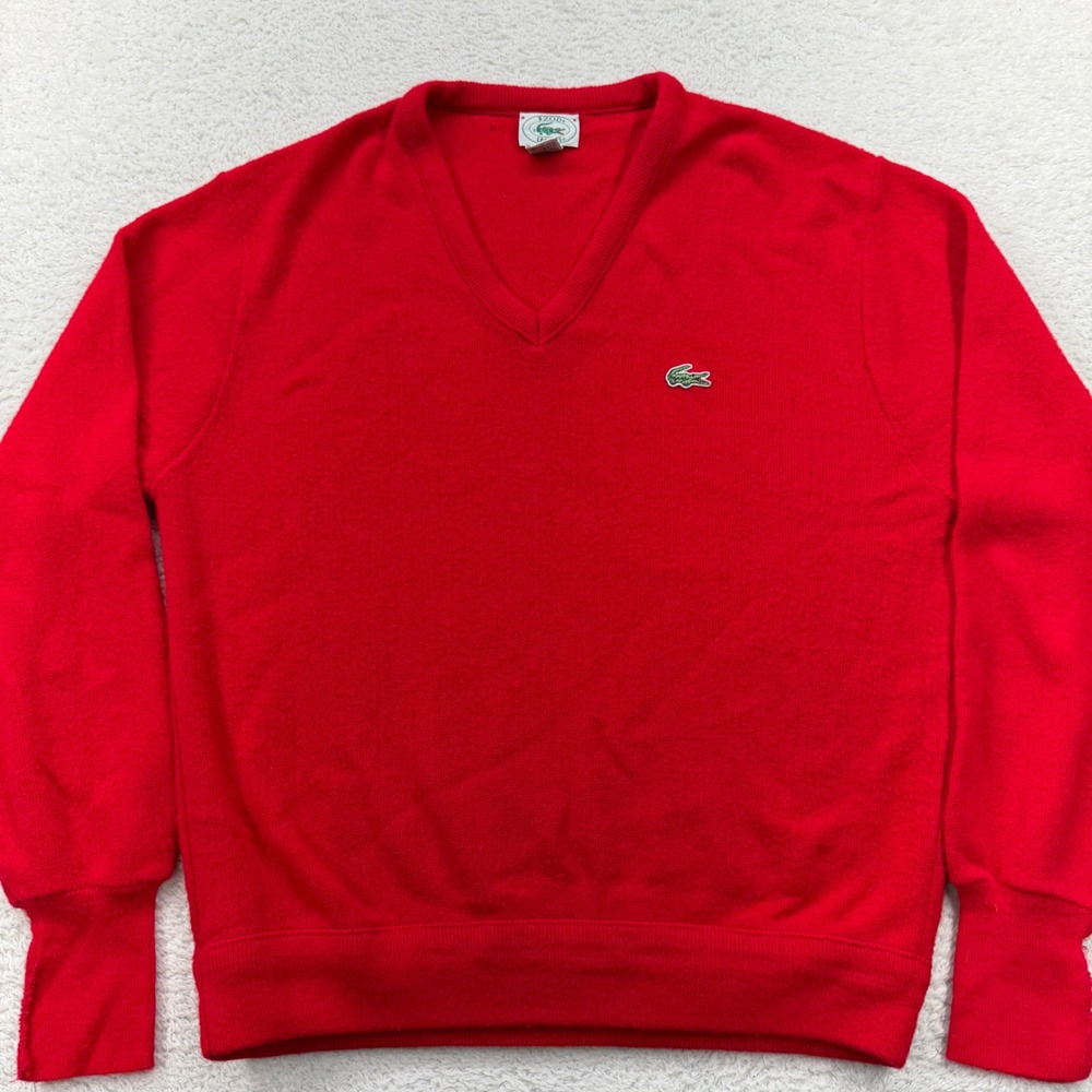 Vintage‎ Izod Lacoste Red V-Neck Sweater Mens Medium Orlon Acrylic Made in USA